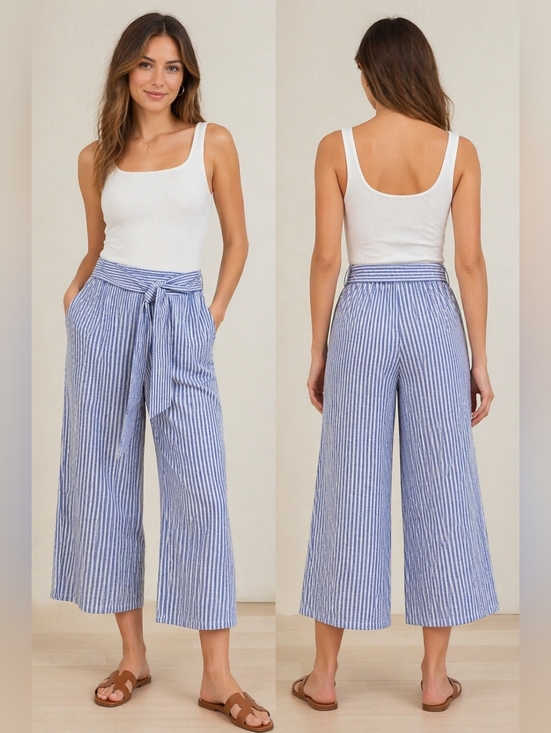 Dress Forum Pants - Dress Forum Coastal Wide Leg Crop Pants Blue Stripe Resort Style Small